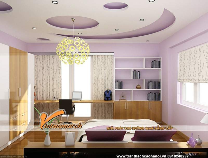 Phòng ngủ thiết kế với trần thạch cao với chiếc đèn treo đơn giản nhưng đẹp mắt