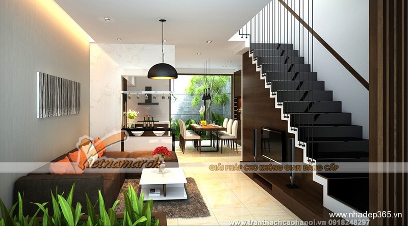 Hệ trần thạch cao đơn giản thông giữa phòng khách và phòng bếp cho nhà phố, nhà ống