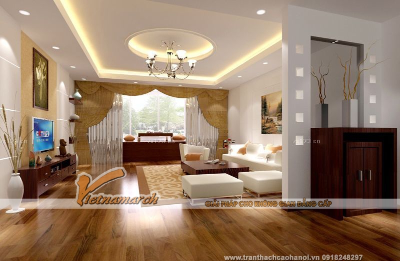 Mẫu thiết kế trần thạch cao phòng khách hiện đại theo xu hướng tối giản và thanh lịch 08